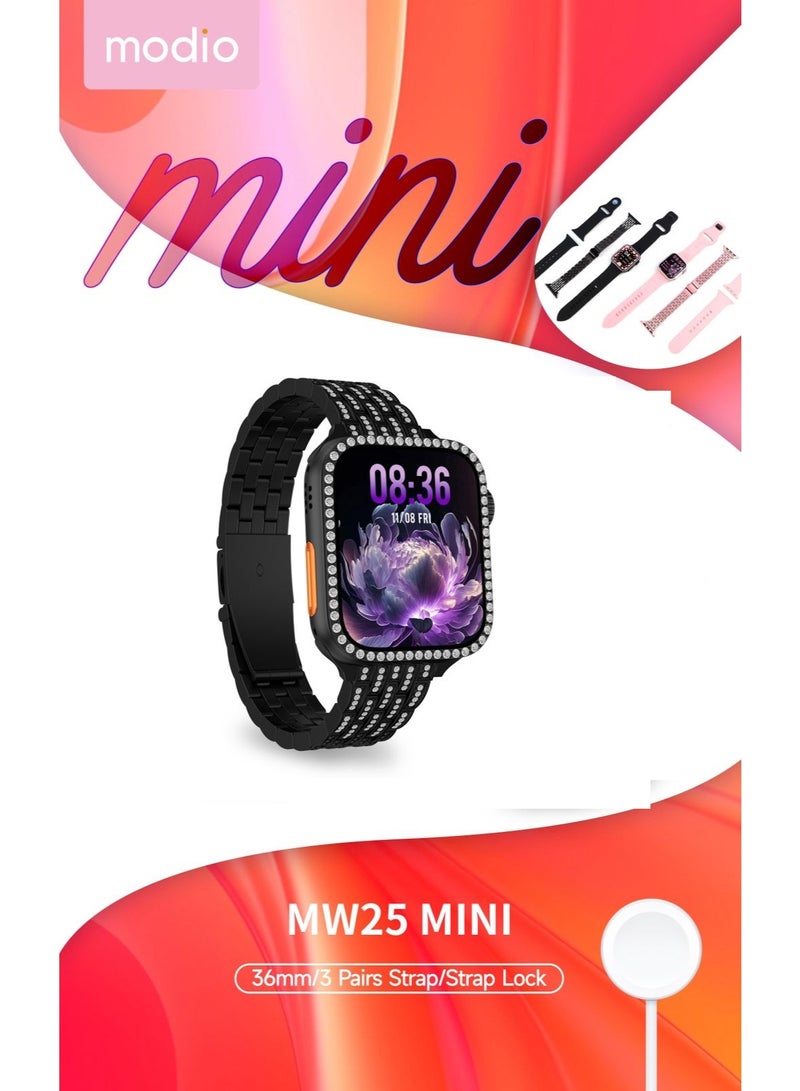 Modio MW25 Mini 36mm Display Smart Watch With 3 Pair Straps and Charging Cable Designed For Ladies Black - Image 5