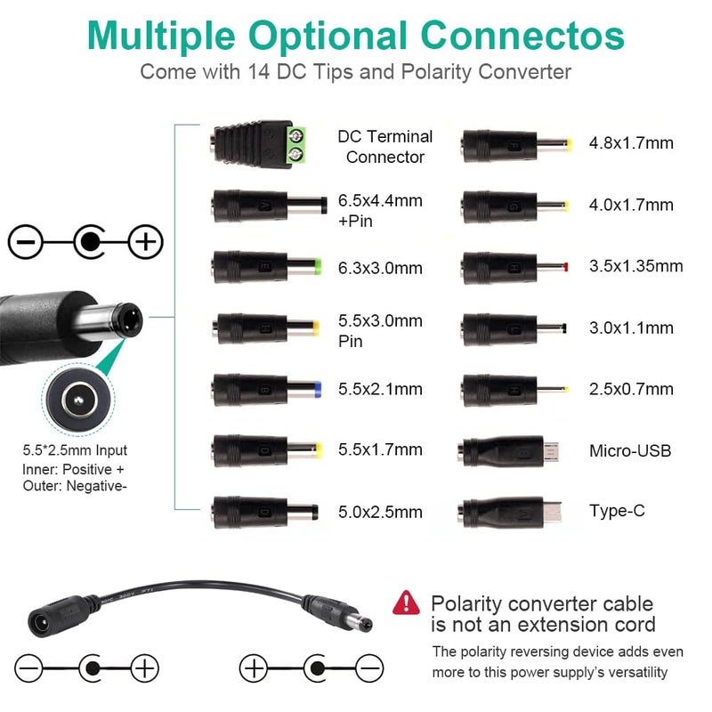 Wefomey Universal Power Supply 3V~24V 3A 72W Adjustable Variable 3V 5V 9V 12V 18V 20V 24V AC/DC Adapter Charger, 100V-240V AC to DC Converter with 14 Tips, Polarity Converter and 4-Way Power Splitter Cable - Image 5