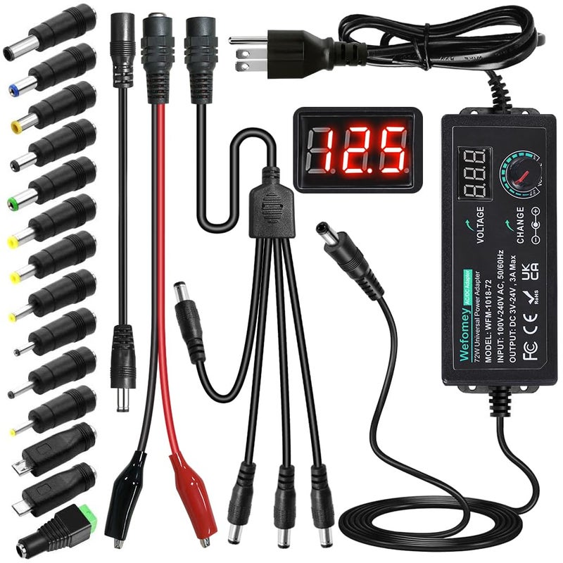 Wefomey Universal Power Supply 3V~24V 3A 72W Adjustable Variable 3V 5V 9V 12V 18V 20V 24V AC/DC Adapter Charger, 100V-240V AC to DC Converter with 14 Tips, Polarity Converter and 4-Way Power Splitter Cable - Image 1