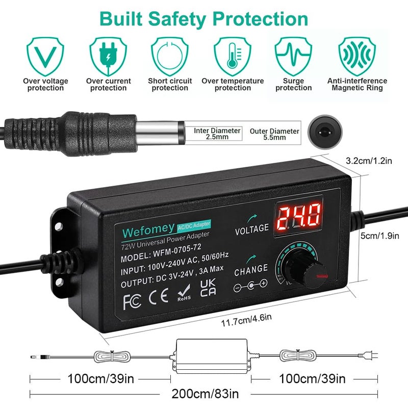 Wefomey Universal Power Supply 3V~24V 3A 72W Adjustable Variable 3V 5V 9V 12V 18V 20V 24V AC/DC Adapter Charger, 100V-240V AC to DC Converter with 14 Tips, Polarity Converter and 4-Way Power Splitter Cable - Image 3