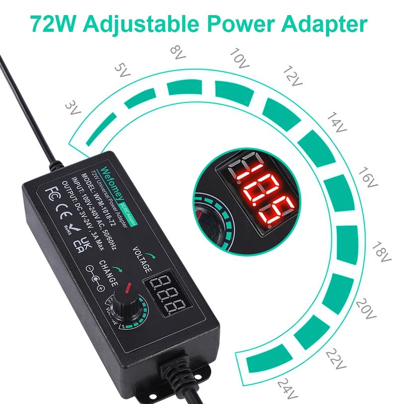 Wefomey Universal Power Supply 3V~24V 3A 72W Adjustable Variable 3V 5V 9V 12V 18V 20V 24V AC/DC Adapter Charger, 100V-240V AC to DC Converter with 14 Tips, Polarity Converter and 4-Way Power Splitter Cable - Image 2