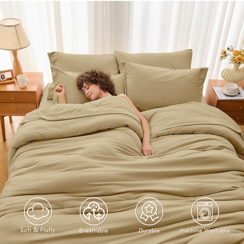 MUXHOMO 7 Pieces Queen Comforter Set, Soft Bed in a Bag Queen Size, All Season Bedding Set with Comforter, Flat Sheet, Fitted Sheet, Pillowcases & Shams, Khaki - Image 2
