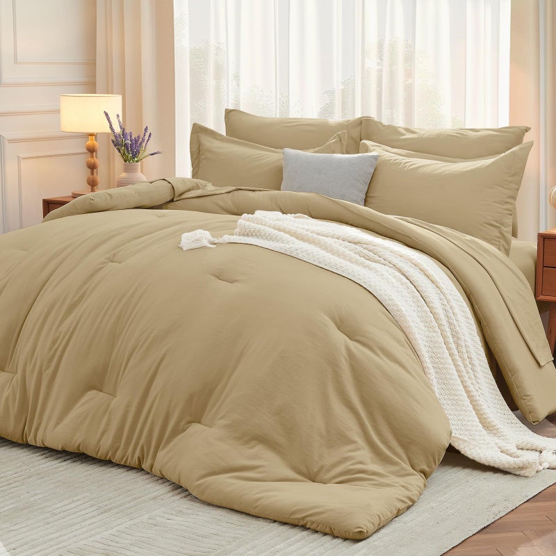 MUXHOMO 7 Pieces Queen Comforter Set, Soft Bed in a Bag Queen Size, All Season Bedding Set with Comforter, Flat Sheet, Fitted Sheet, Pillowcases & Shams, Khaki - Image 1