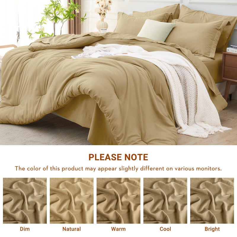 MUXHOMO 7 Pieces Queen Comforter Set, Soft Bed in a Bag Queen Size, All Season Bedding Set with Comforter, Flat Sheet, Fitted Sheet, Pillowcases & Shams, Khaki - Image 5