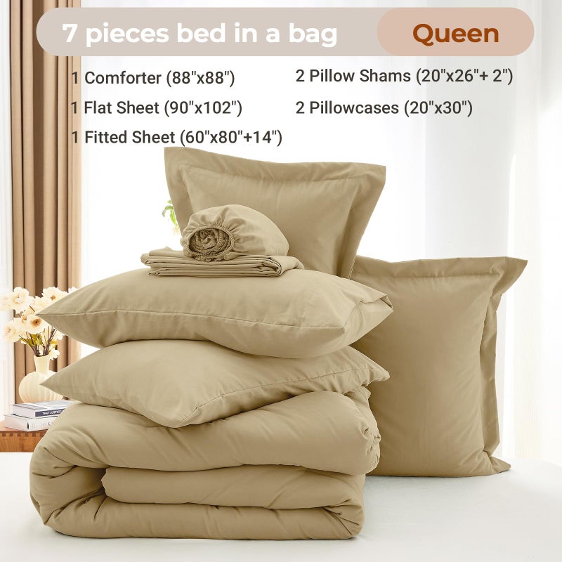 MUXHOMO 7 Pieces Queen Comforter Set, Soft Bed in a Bag Queen Size, All Season Bedding Set with Comforter, Flat Sheet, Fitted Sheet, Pillowcases & Shams, Khaki - Image 4