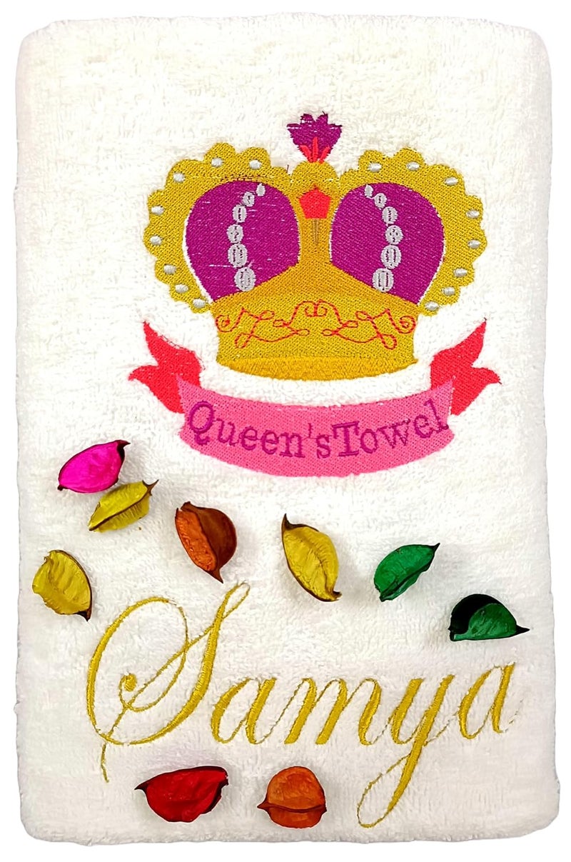 TurtleLittle 100 Cotton Queen Crown Personalised Adult White Bath Towel 600 GSM Set of 1 White - Image 1