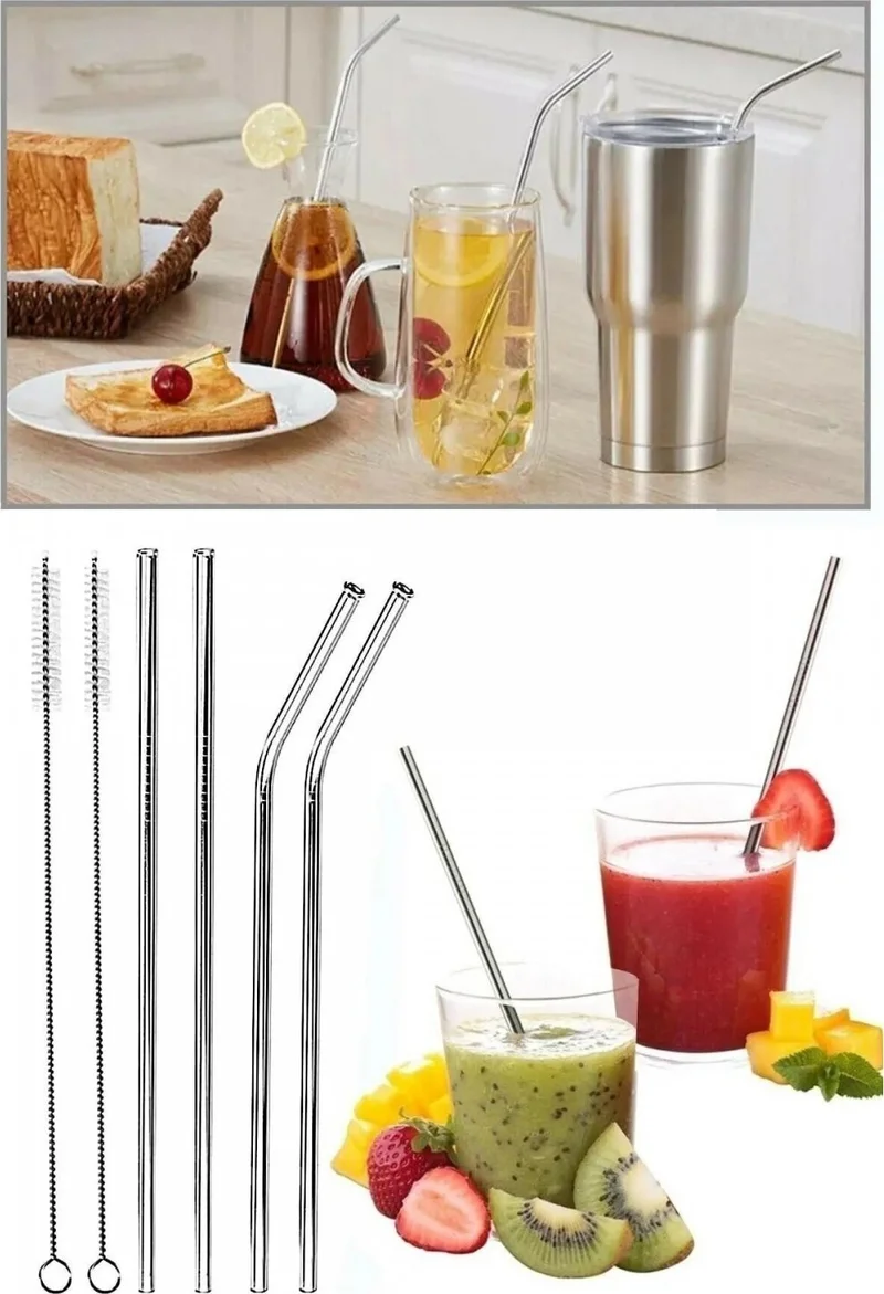 Ucuzaltoptan Ucuzal 4 Pieces Stainless Metal Straws + 2 Pieces Cleaning Brush