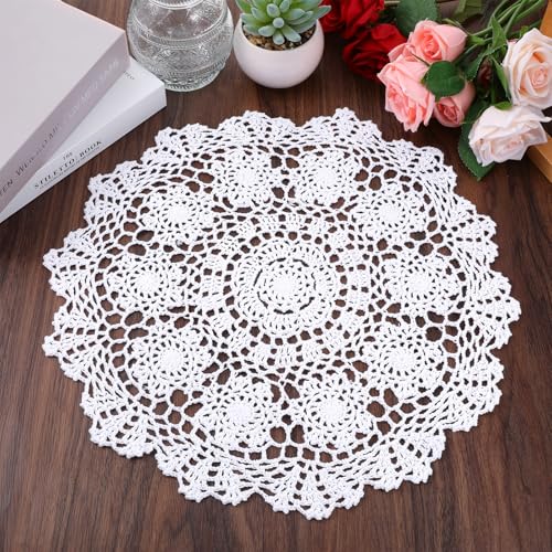 Zyghjort Doilies for Tables, 15.7 Inch Large Cotton Handmade Crochet Doilies Vintage Round Lace Placemats Corrugated Edge Knitted Tablecloth for Home Kitchen Dining Room Wedding Party Decoration (White) - Image 1