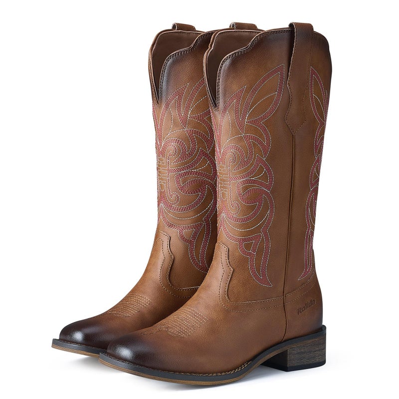 Rollda Women's Cowboy Boots Cowgirl Boots for Women Square Toe Western Boots Mid Calf Boots with Chunky Heel Dark Brown Size 7.5 - Image 1