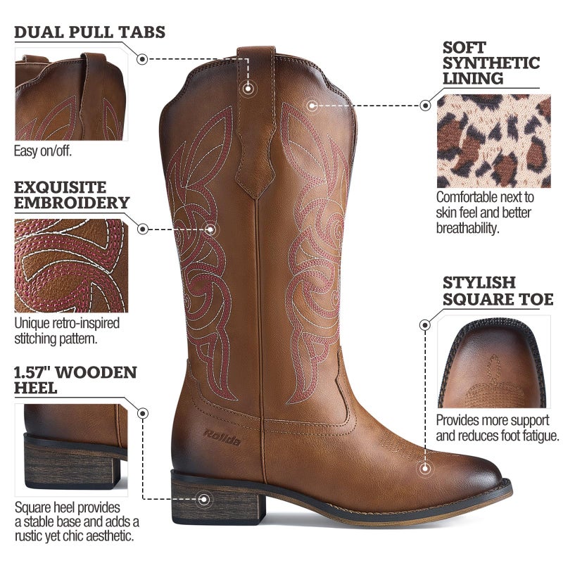 Rollda Women's Cowboy Boots Cowgirl Boots for Women Square Toe Western Boots Mid Calf Boots with Chunky Heel Dark Brown Size 7.5 - Image 4