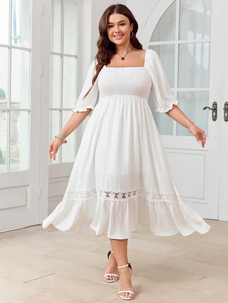 SCOMCHIC Women's Plus Size Maxi Dress Short Sleeve Square Neck Smocked Flowy A-Line Lace Trim Boho Wedding Guest Dresses White - Image 5