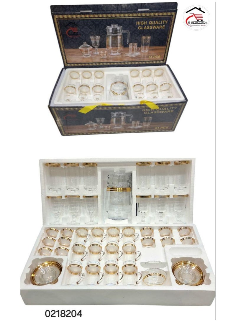 الأسطورة طقم ادوات مائدة من الزجاج يحتوي على بيالات فناجيل. صحون. جاك.سكريه .واكواب ويكفي لعدد 12 فرد مكون من 51 قطعة - لون شفاف/ذهبي - Image 1