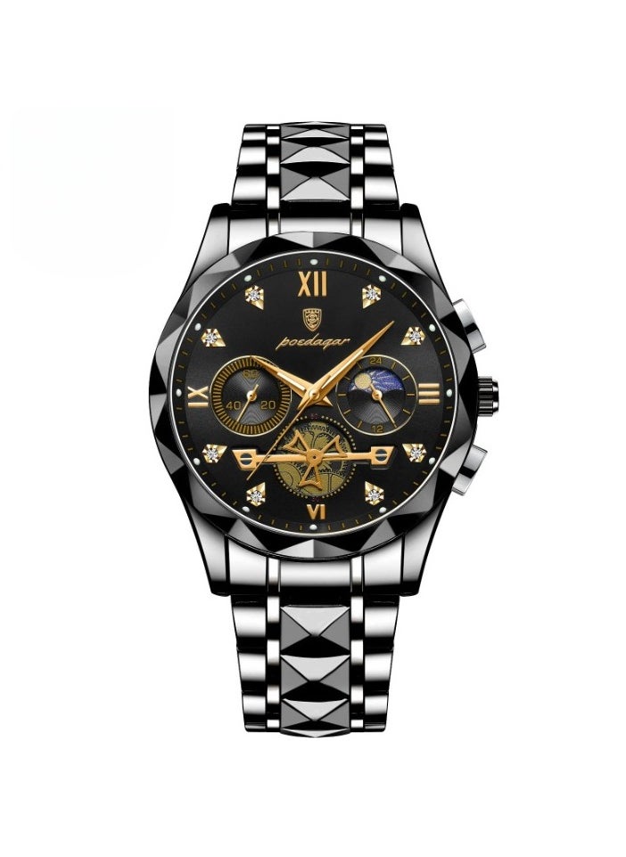 POEDAGAR Luxury Men Wristwatch, Classic And Fashionable Quartz Watch, Waterproof Luminous Chronograph Watch, Business Style Stainless Steel Wrist Watch For Men, (Black Black)  - Image 1