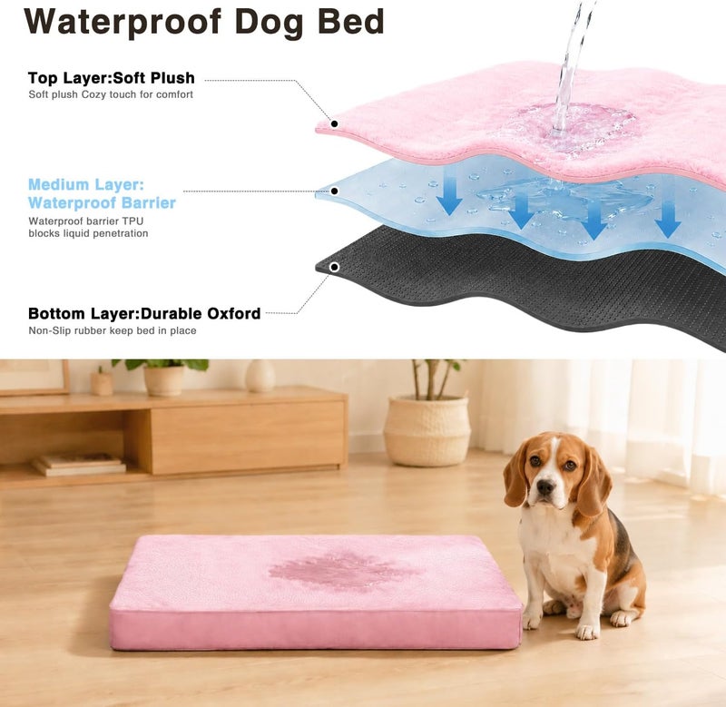 Waterproof Medium Dog Bed for Crate with Washable Cover, 29x18, Pink | TPU Waterproof Layer, Easy Clean Cover, Soft Plush Surface, Durable Oxford fabric, Non-Slip Bottom, For Medium Breeds ≤30lbs - Image 4