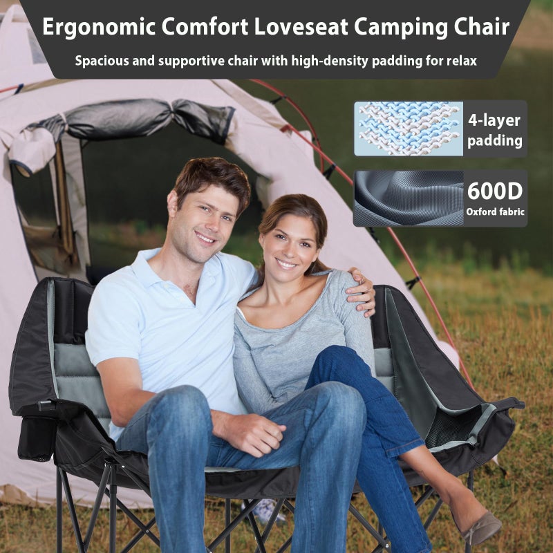 Youtanic Oversized Double Camping Chair, Folding Loveseat Camping Couch with Pocket, Cup Holder and Carry Bag, Heavy Duty Portable Camping Chairs for Adults, Fishing, Sports, Trip, up to 660lbs, Black - Image 3