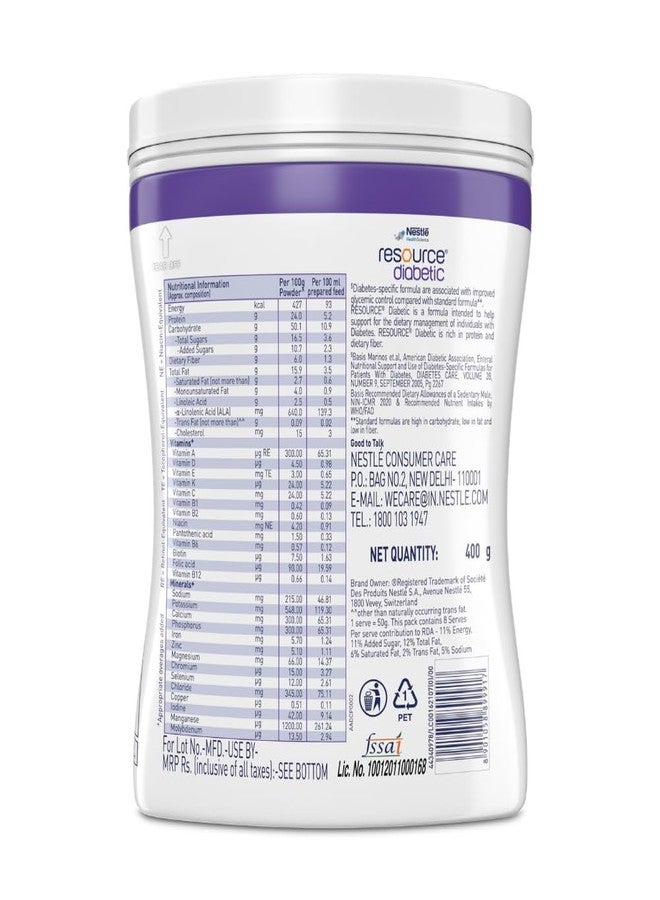 ReSource Nestlé Resource Diabetic, Adult Nutrition for Diabetic Patients, Low GI Formula, Vanilla Flavoured Protein Powder, 400g Pet Jar - Image 3
