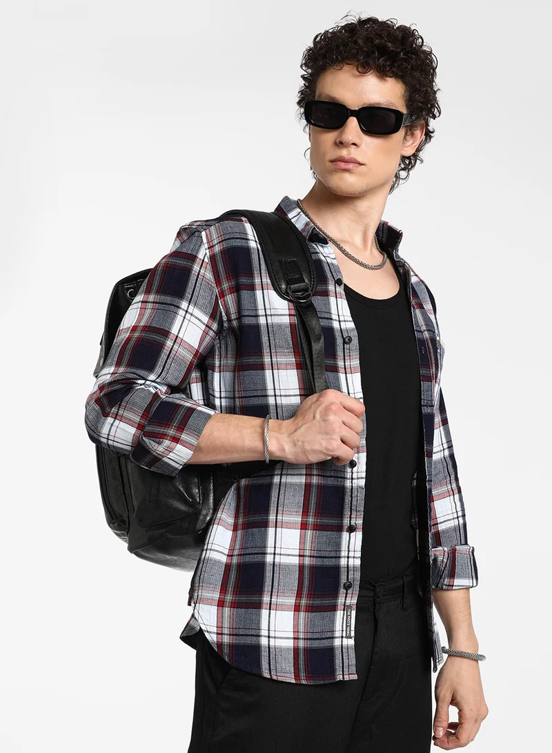 Campus Sutra Men's Navy Blue & Cadmium Red Tartan Plaid Shirt
