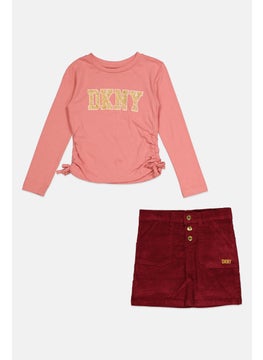 DKNY Kids Girl 2 Pcs Brand Logo Top And Skirt Set, Pink/Maroon  - Image 1