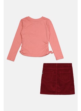 DKNY Kids Girl 2 Pcs Brand Logo Top And Skirt Set, Pink/Maroon  - Image 2