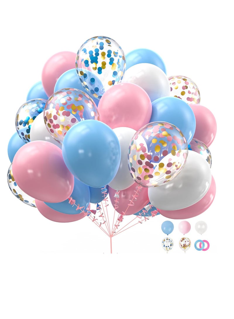 Pink Blue White Balloons, 30pcs 12" Pink Blue and White Light Gold Blue Confetti Latex Balloons with 2 Rolls of Ribbon for Birthday Baby Shower Gender Reveal Party Supplies and Decorations
