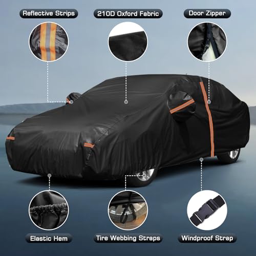 JAOGAUS Car Cover Waterproof for 2006-2025 Hyundai Sonata, Outdoor Full Cover for Automobiles All Weather Sun UV Rain Dust Snow Wind Protection with Zipper Door & Windproof Bands (Black) - Image 2