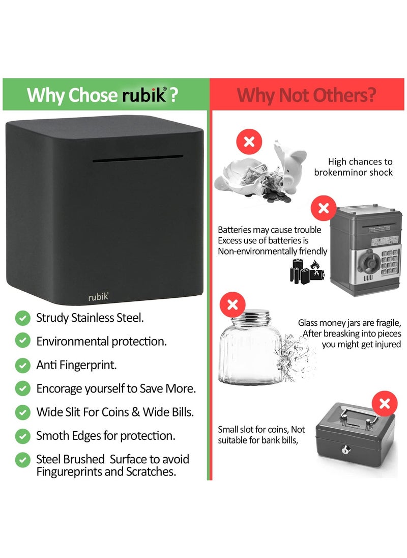 Rubik Piggy Bank for Adults Stainless Steel Money Saving Box for Cash Coin to Help Budget and Save Must Break to Access Money (6 Inch) Black  - Image 2