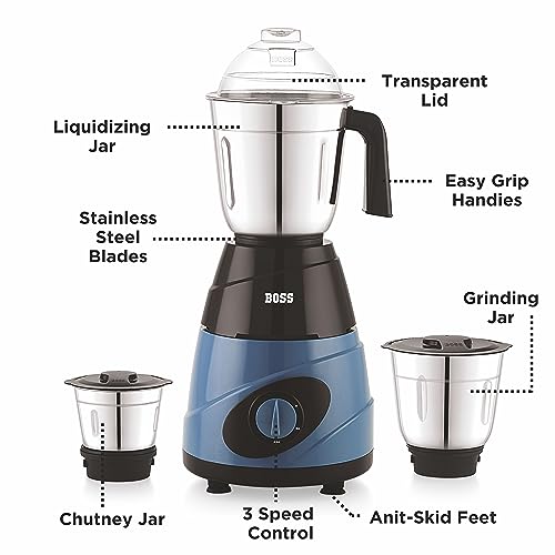 BOSS Thunder 550W Mixer Grinder with 3 Jars (Liquidizing, Wet Grinding and Chutney Jar), High Speed Motor, SS Blades, 5 Years Motor Warranty with Overload Protector, Blue - Image 2