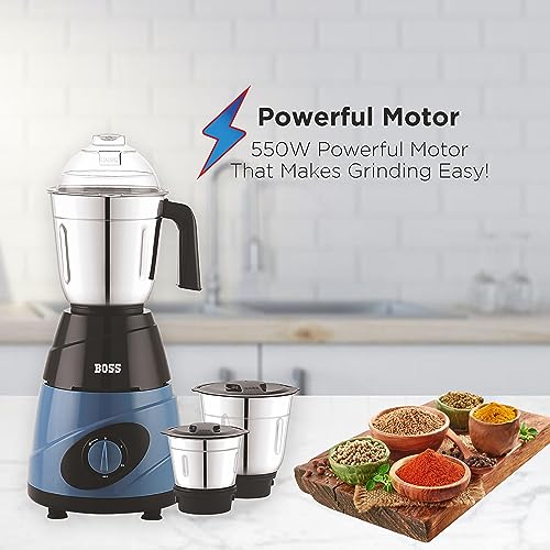 BOSS Thunder 550W Mixer Grinder with 3 Jars (Liquidizing, Wet Grinding and Chutney Jar), High Speed Motor, SS Blades, 5 Years Motor Warranty with Overload Protector, Blue - Image 4