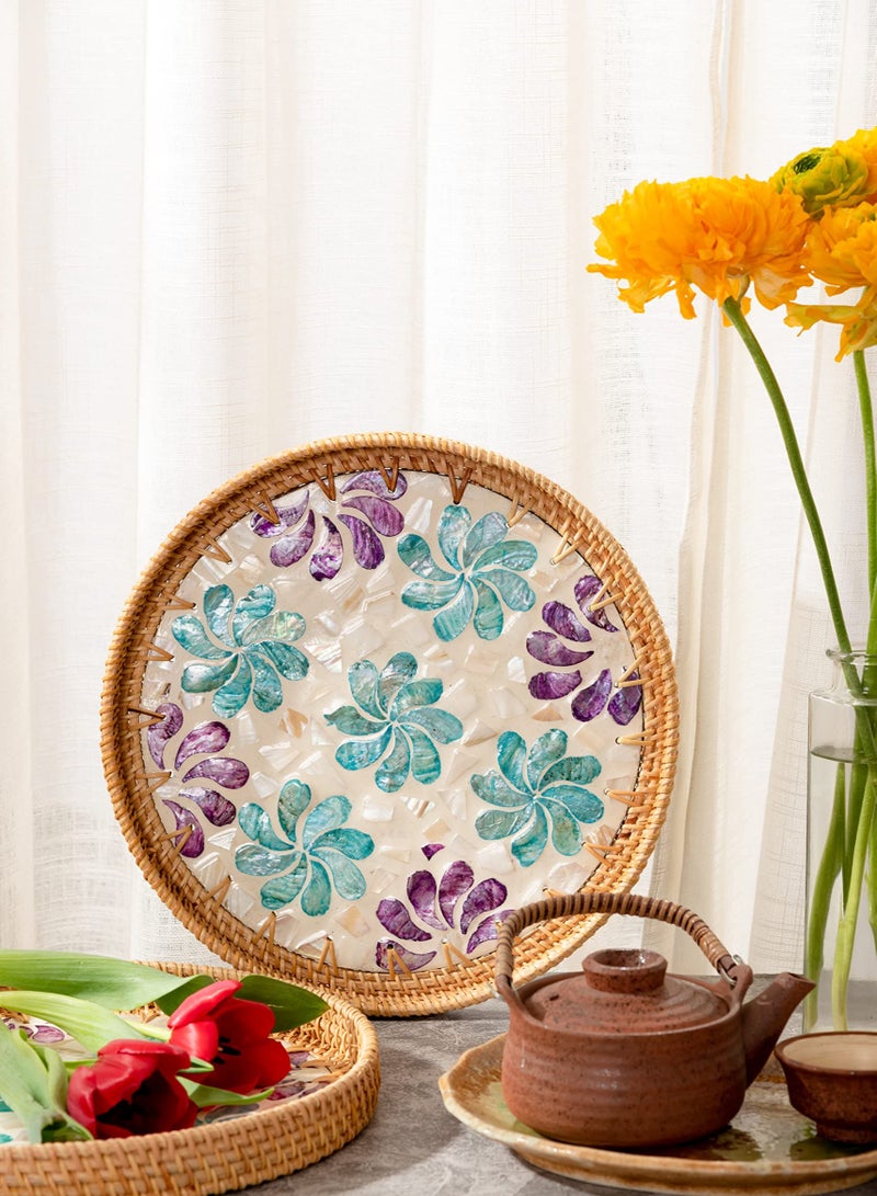 Cozy Nest Handmade Rattan Tray Set of 2 with Mother-of-Pearl Inlay – Round Boho Decorative Trays for Serving, Coffee Table, Wall Art – Colorful Artisan Woven Home Décor (30 cm & 35 cm) - Image 4