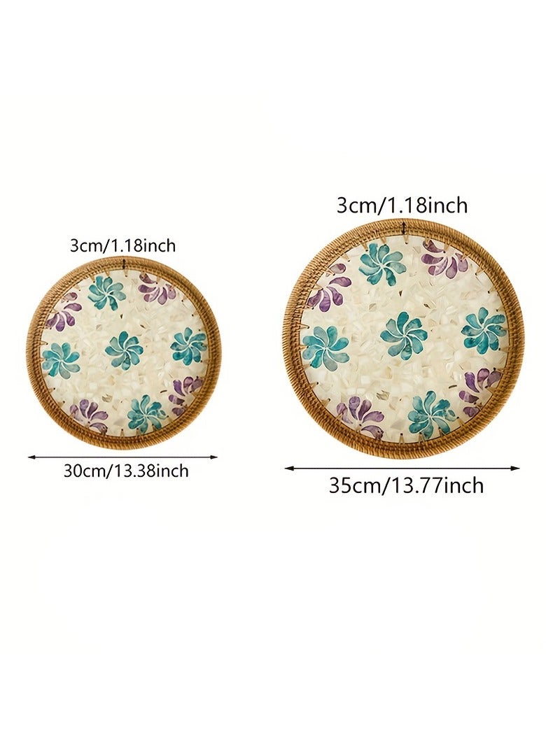 Cozy Nest Handmade Rattan Tray Set of 2 with Mother-of-Pearl Inlay – Round Boho Decorative Trays for Serving, Coffee Table, Wall Art – Colorful Artisan Woven Home Décor (30 cm & 35 cm) - Image 5