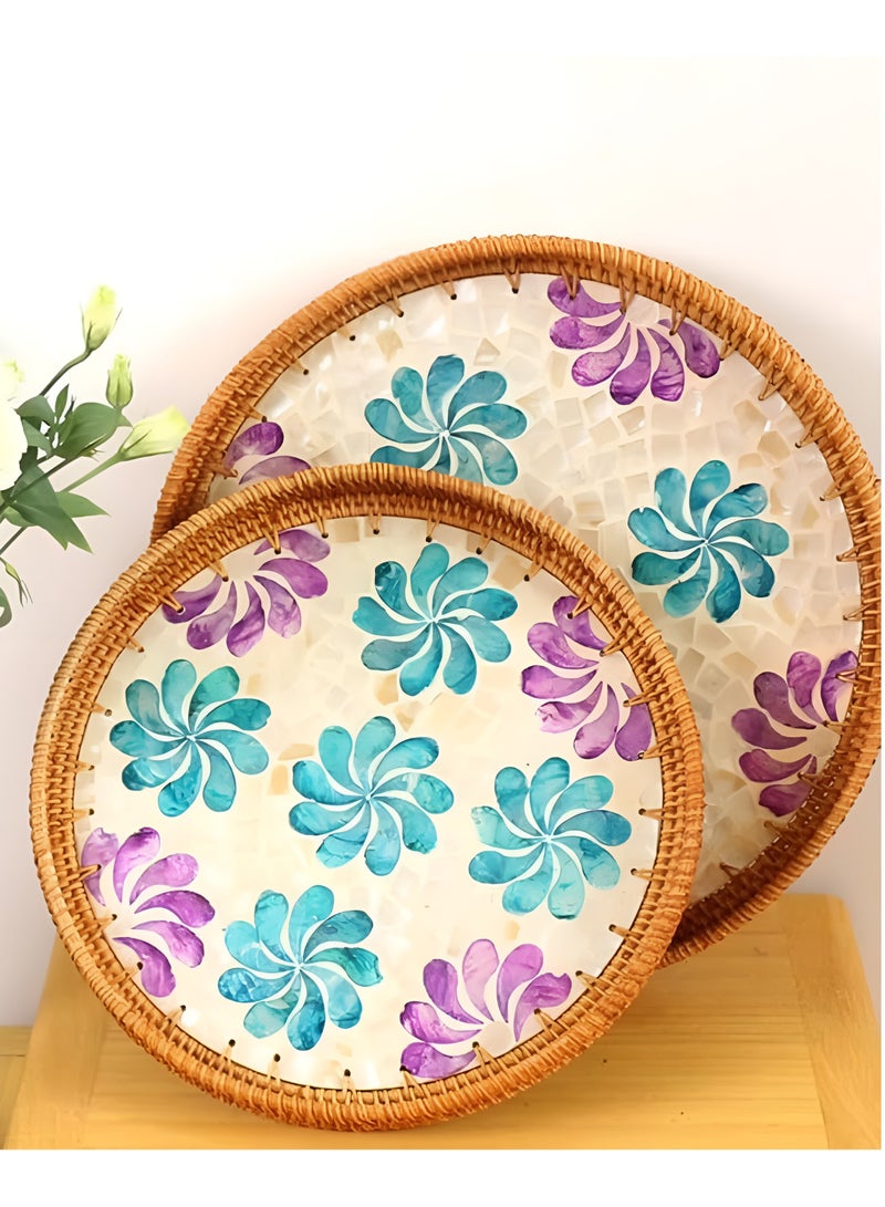 Cozy Nest Handmade Rattan Tray Set of 2 with Mother-of-Pearl Inlay – Round Boho Decorative Trays for Serving, Coffee Table, Wall Art – Colorful Artisan Woven Home Décor (30 cm & 35 cm) - Image 1