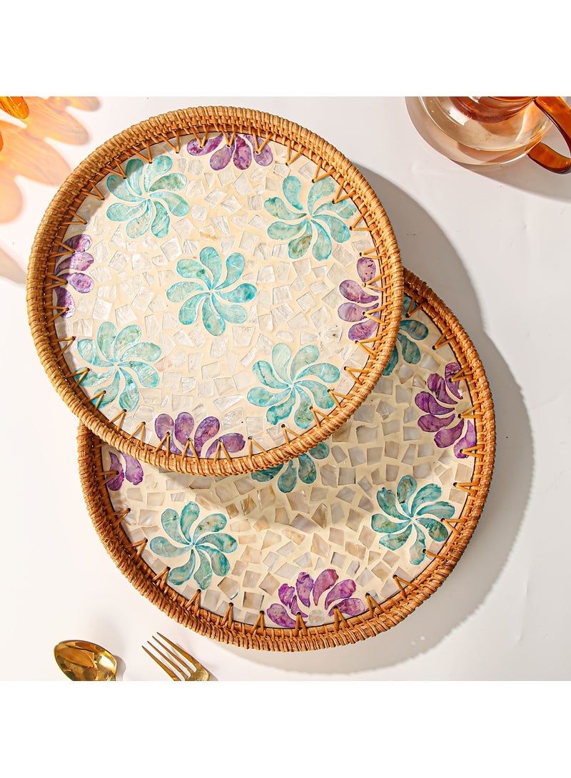 Cozy Nest Handmade Rattan Tray Set of 2 with Mother-of-Pearl Inlay – Round Boho Decorative Trays for Serving, Coffee Table, Wall Art – Colorful Artisan Woven Home Décor (30 cm & 35 cm) - Image 2