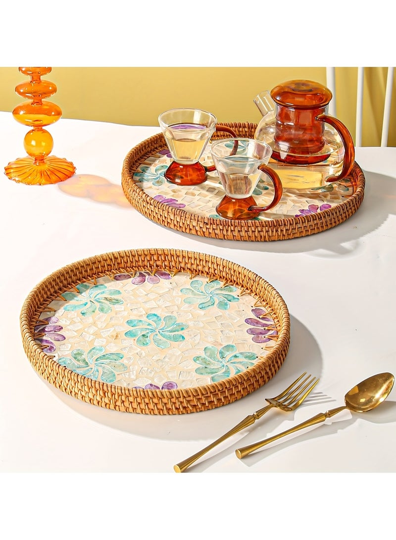 Cozy Nest Handmade Rattan Tray Set of 2 with Mother-of-Pearl Inlay – Round Boho Decorative Trays for Serving, Coffee Table, Wall Art – Colorful Artisan Woven Home Décor (30 cm & 35 cm) - Image 3