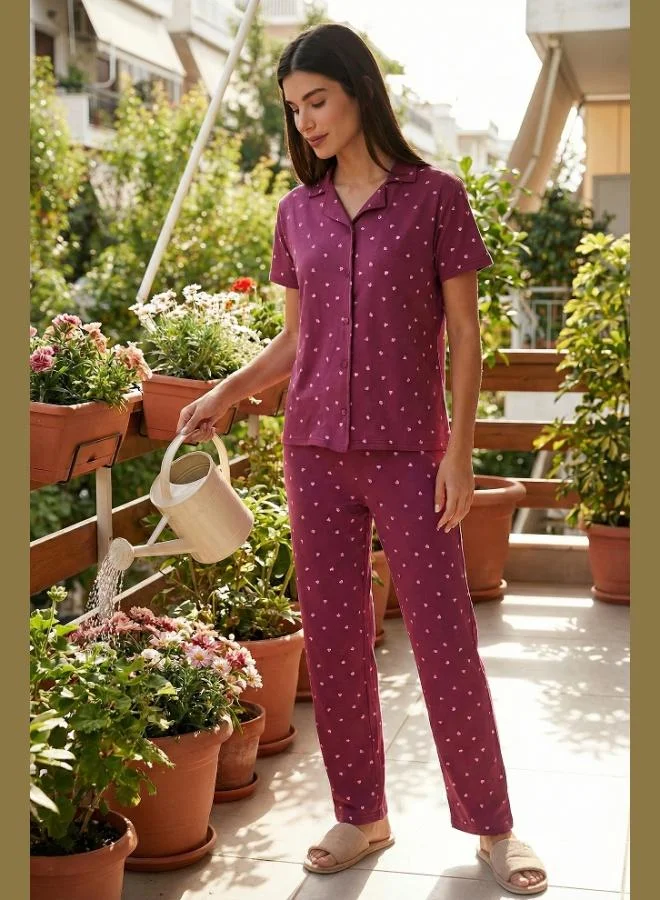 ليلا طقم بيجامة نسائي ليلا بنقوشات وياقة قميص بمقاس عادي