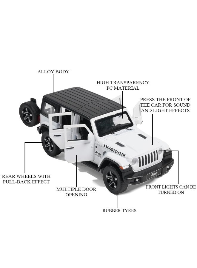 Jeep Rubicon Model Car 1:32 Exclusive Alloy Metal Pull Back Die-cast Car Die-cast Metal Pullback Toy car with Openable Doors & Light Music (White) - Image 1
