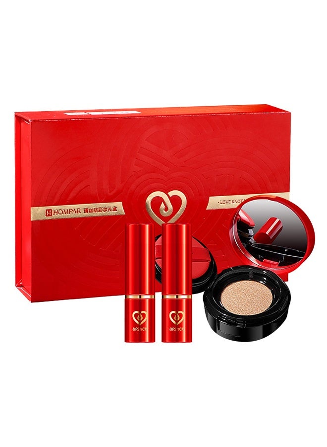 3-Piece Luxury Love Knot Makeup Gift Set for Women, Air Cushion BB Cream Foundation with Mirror + 2 Long-Lasting Matte Lipsticks, Full-Face Flawless Base & Lip Color Makeup Kit