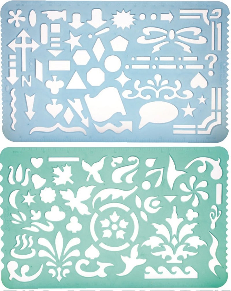 Set of 2 Plastic Stencil Art Templates Drafting Ruler with Various Cut Out Designs for Art and Craft Projects Artistic Drawing Tracing Painting  Ideal for Professionals Students and Kids