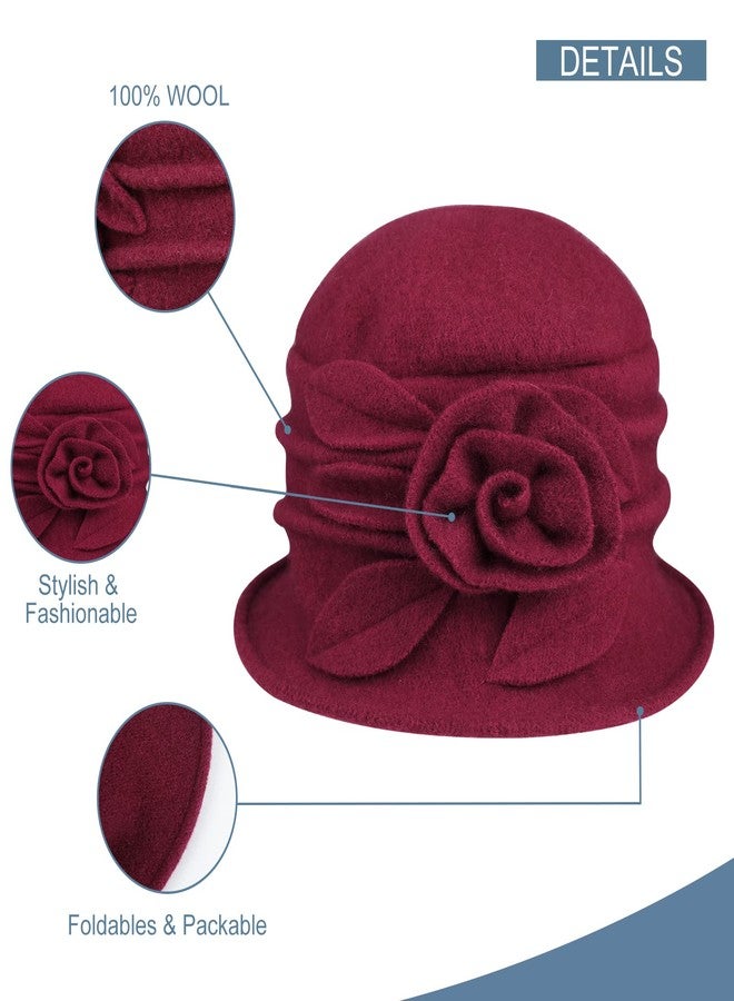 Sumolux Women Beret Hat French Vintage Floral Wool Dress Cloche Classic Winter Hat 1920s, B Wine Red, L - Image 3