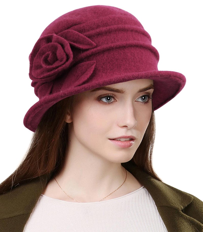 Sumolux Women Beret Hat French Vintage Floral Wool Dress Cloche Classic Winter Hat 1920s, B Wine Red, L - Image 1