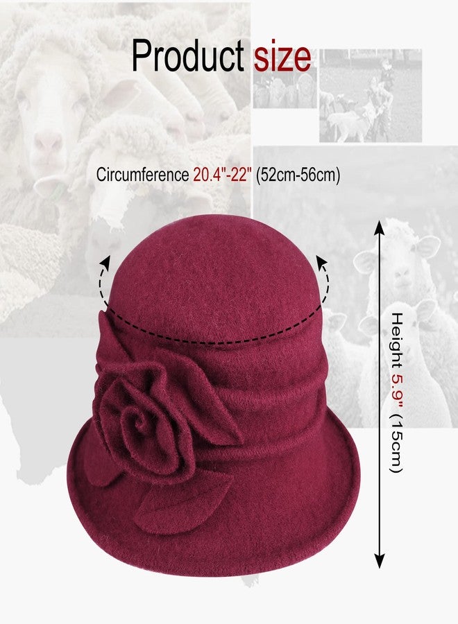 Sumolux Women Beret Hat French Vintage Floral Wool Dress Cloche Classic Winter Hat 1920s, B Wine Red, L - Image 4
