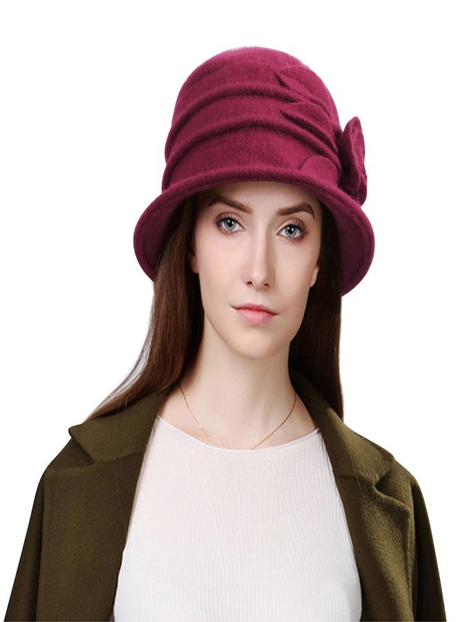 Sumolux Women Beret Hat French Vintage Floral Wool Dress Cloche Classic Winter Hat 1920s, B Wine Red, L - Image 2