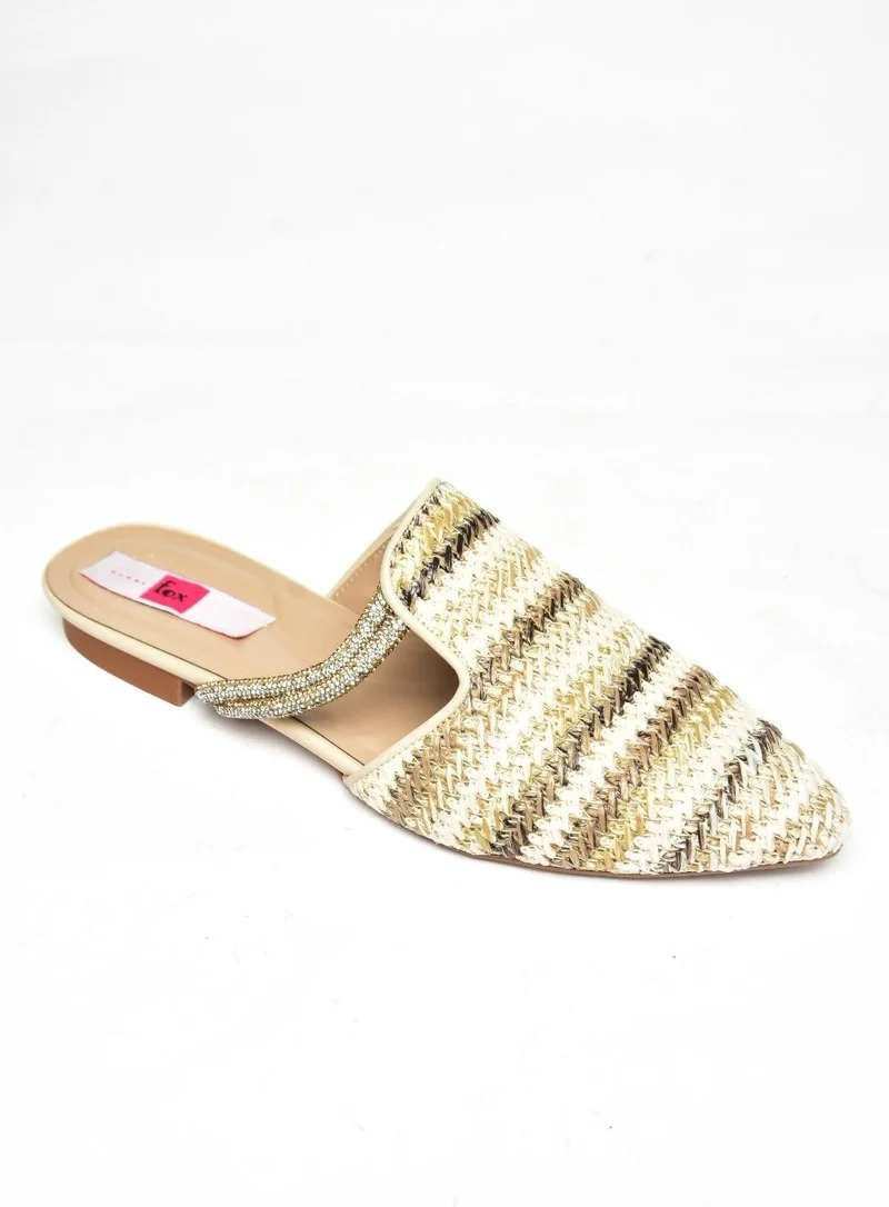 فوكس شوز P820031417 Beige/mink Straw Stone Detailed Women's Slippers