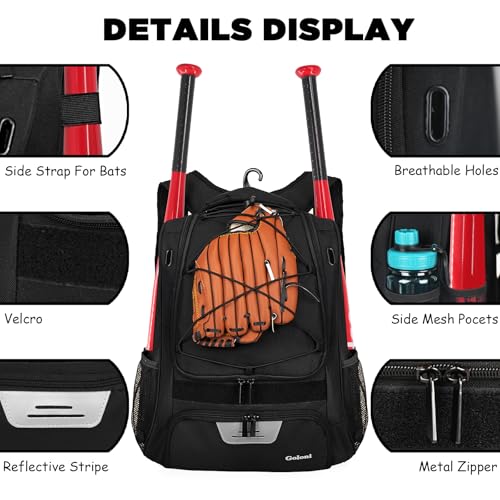 Goloni | Baseball Backpack Bag For Adult and Youth Baseball & Softball Equipment Bags Bat bag | shoes compartment & Fence Hook - Image 3