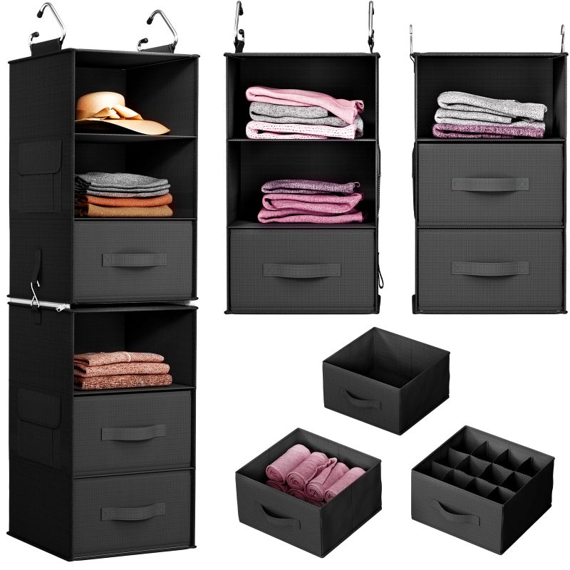 Pipishell 6Shelf Hanging Closet Organizer with 2 Separable 3Tier Shelves 3 Drawers Side Pockets Closet Organizers and Storage for Wardrobe Organization and Nursery Clothes Organizer Black