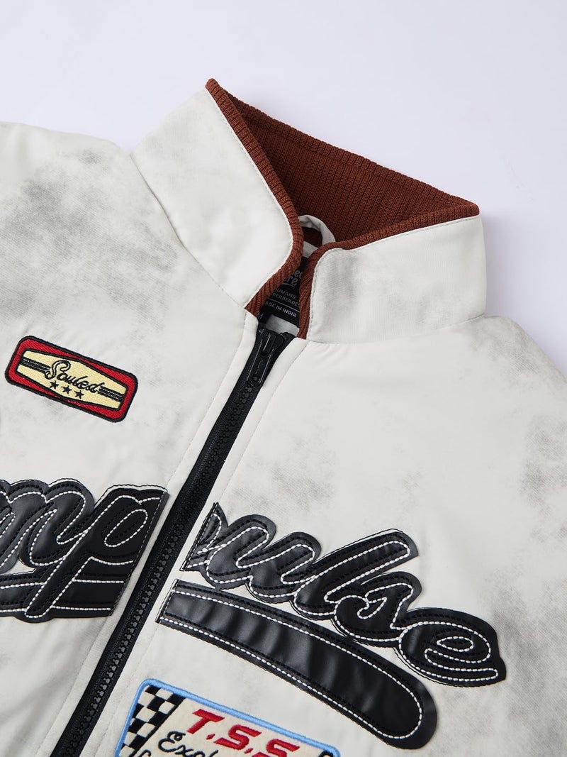 The Souled Store Racer Jacket: Impulse Men and Boys Full Sleeves Spread Collar White Graphic Printed Polyester Regular Fit Lightweight Winter Racer Jacket - Image 5