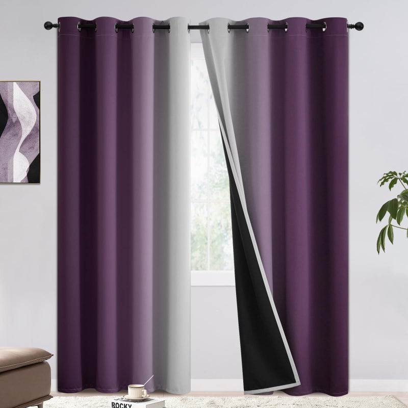 COSVIYA 100% Blackout Curtains & Drapes Ombre Purple Curtains 84 inches Long 2 Panels Set  Full Room Darkening Grommet Gradient Insulated Thermal Window Curtains for Bedroom/Living Room 52x84 inches - Image 1