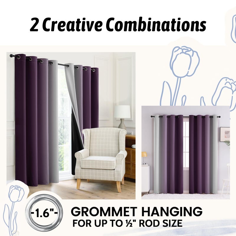 COSVIYA 100% Blackout Curtains & Drapes Ombre Purple Curtains 84 inches Long 2 Panels Set  Full Room Darkening Grommet Gradient Insulated Thermal Window Curtains for Bedroom/Living Room 52x84 inches - Image 5