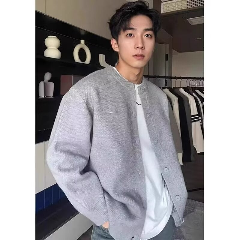 Trendy Korean Style Cardigan Sweater Mens 2024 Autumn Winter New Round Neck Knitted Top Hong Kong Style INS Loose-Fit Jacket Solid color short sleeve t 
