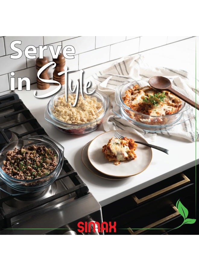 SIMAX Casserole Dish Set with Lid, Round Glass Cookware, Borosilicate Glass, Made In Europe 1 Qt, 1.5 Qt and 2 Qt Baking Dishes, Set of 3 - Image 3