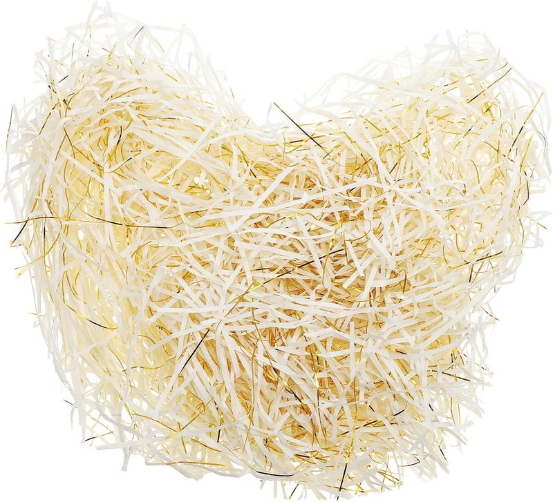 WESIEVYA Decorative Shredded Paper Filler 200g with Metallic Gold and Ivory Raffia Grass for Basket Packaging Fragile Item Protection and Festive Wrapping - Image 1